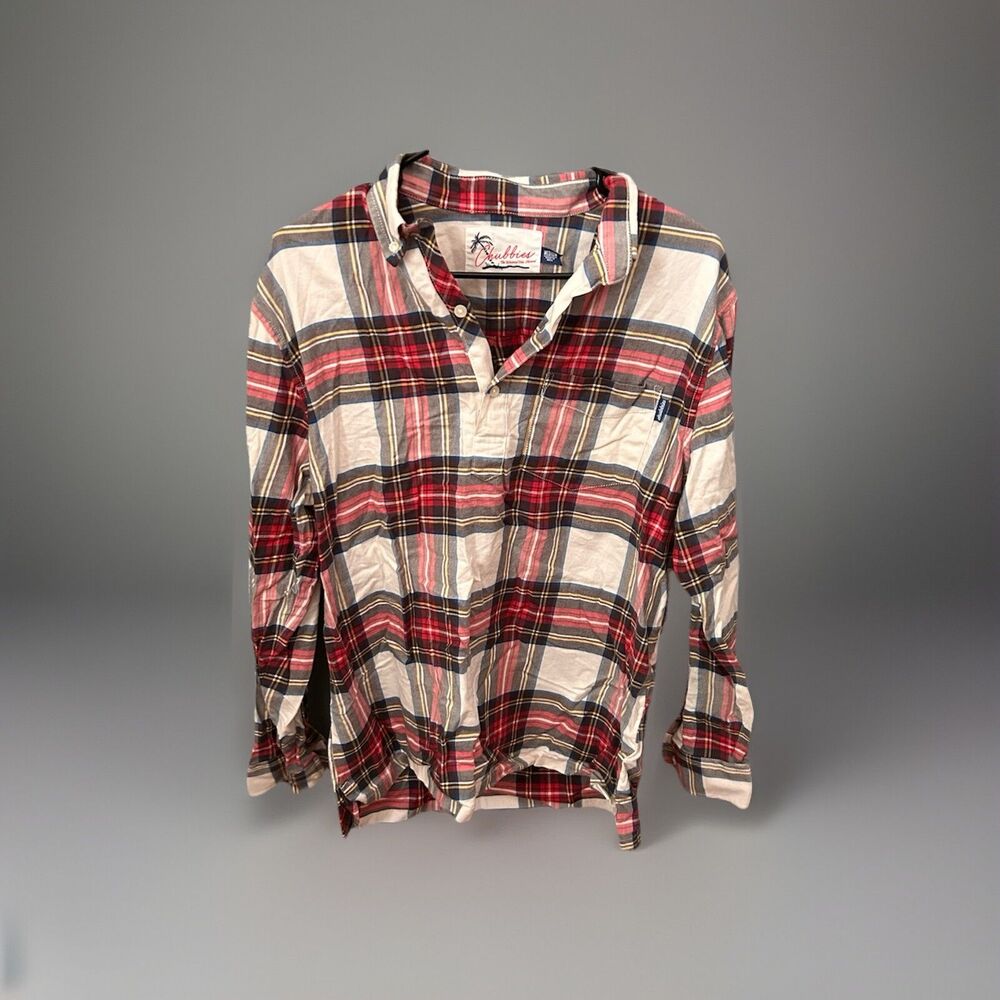 Chubbies Shirt Mens Medium Beige Red Plaid Long Sleeve Half Button Flannel Logo